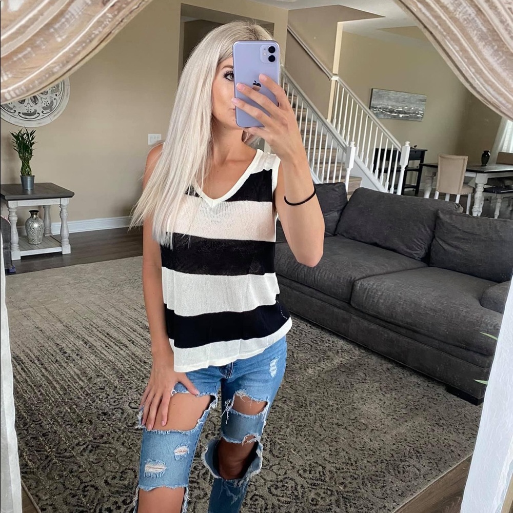 Black and white striped knit tank
